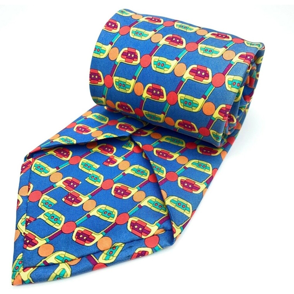 Nazareno Gabrielli Tie Blue Multicolor Golf Clubs Sport Woven Mens Silk Necktie - Picture 4 of 10